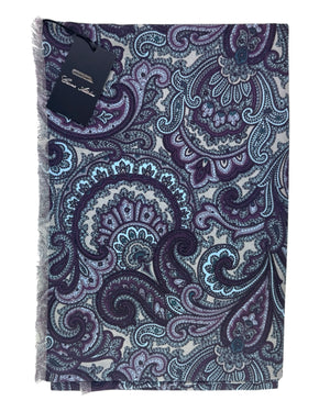 Cesare Attolini Scarf Gray Purple Paisley Ornamental Cashmere Silk