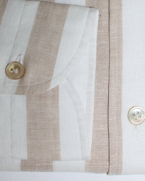Luigi Borrelli Button-Down Sport Shirt White Brown Stripes Linen/ Cotton 39 - 15 1/2 SALE