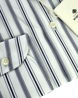 Luigi Borrelli Dress Shirt White Navy Stripes 39 - 15 1/2