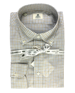 Luigi Borrelli Dress Shirt Button-Down White Brown Gray Check