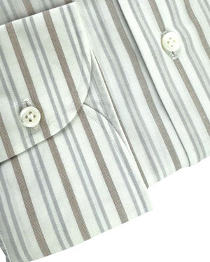 Luigi Borrelli Dress Shirt White Taupe Gray Stripes 44 - 17 1/2 Cutaway Collar SALE
