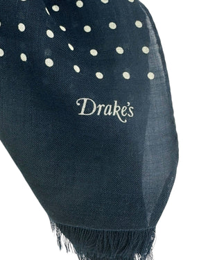Drake's London Scarf Midnight Blue With Polka Dots - Wool Silk Shawl