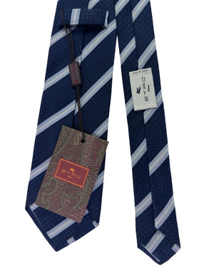 Etro Silk Tie Navy Silver Stripe Micro Grid Pattern