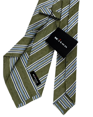 Kiton Sevenfold Tie Olive Green With Blue Stripes
