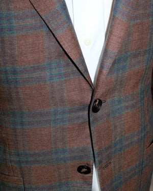 Kiton Sport Coat EU 48 - US 38 Brown Turquoise Plaid Linen Cashmere Unlined Blazer REDUCED SALE