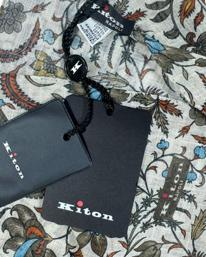 Kiton Scarf Gray Botanical Floral - Luxury Cotton Shawl SALE