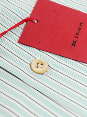 Kiton Dress Shirt White Green Aqua Stripes