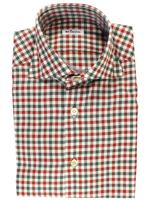 Kiton Sport Shirt White Gray Dark Red Gingham 40 - 15 3/4