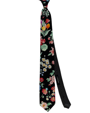 Leonard Paris Silk Tie Black garden Red Blue Pink Flowers
