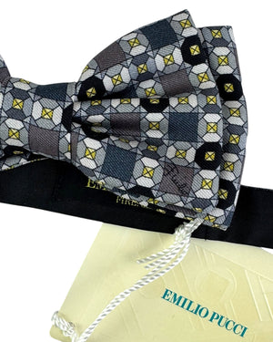 Emilio Pucci Silk Bow Tie Gray Black Geometric Design - Pre-Tied Bowtie