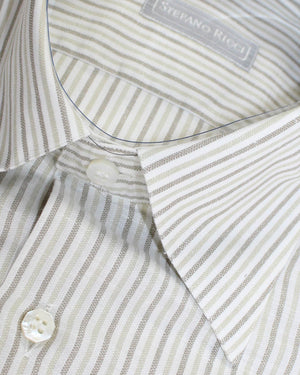 Stefano Ricci Shirt Slim Fit White Taupe Stripes - Linen Cotton 38 - 15 SALE
