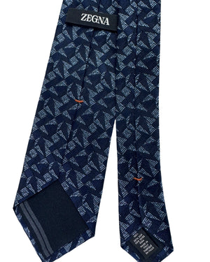 Ermenegildo Zegna Tie Midnight Blue With Gray Abstract Geometric Weave