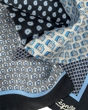 Ermenegildo Zegna Silk Pocket Square Dark Blue Multi-Design SALE