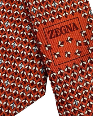 Ermenegildo Zegna Silk Tie Orange Floral Micro Pattern- Narrow Cut
