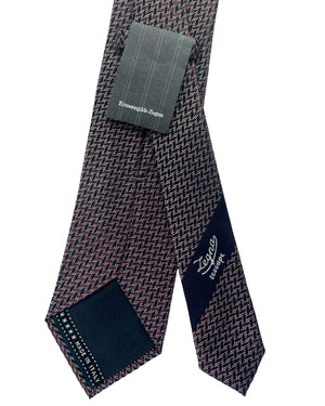 Zegna Silk Tie Brown Dark Blue Silver Geometric - Zegna Trecapi