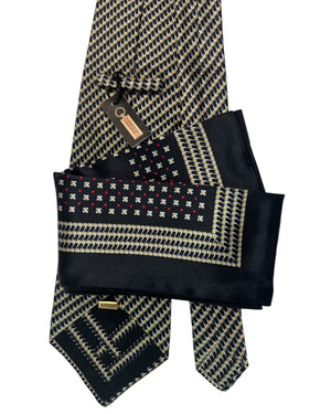 Zilli Silk Tie & Matching Pocket Square Set Black Silver SALE