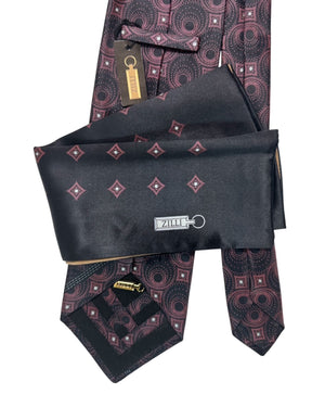 Zilli Silk Tie & Matching Pocket Square Set Black Dust Pink SALE