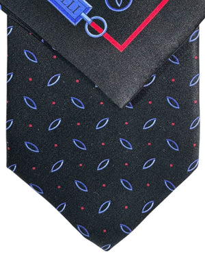 Zilli Silk Tie & Matching Pocket Square Set Black Red Blue Geometric BLACK FRIDAY SALE
