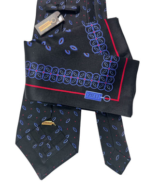 Zilli Silk Tie & Matching Pocket Square Set Black Red Blue Geometric BLACK FRIDAY SALE