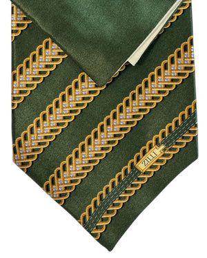 Zilli Silk Tie & Matching Pocket Square Set Dark Olive Greenery Gold Stripes