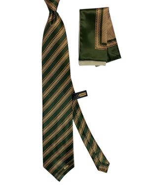 Zilli Silk Tie & Matching Pocket Square Set Dark Olive Greenery Gold Stripes