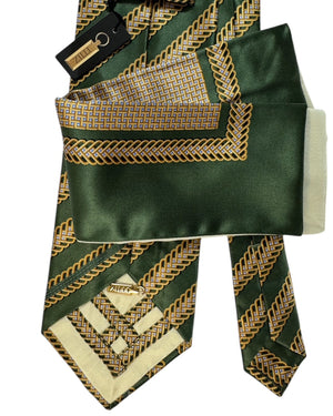 Zilli Silk Tie & Matching Pocket Square Set Dark Olive Greenery Gold Stripes