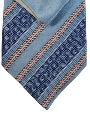 Zilli Silk Tie & Matching Pocket Square Set Sky Blue Pink Gray Stripes