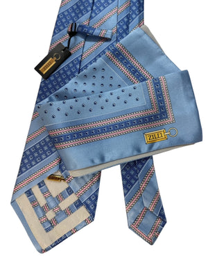 Zilli Silk Tie & Matching Pocket Square Set Sky Blue And Coral Stripe