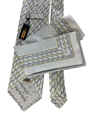 Zilli Silk Tie & Matching Pocket Square Set Ivory And Charcoal Wave