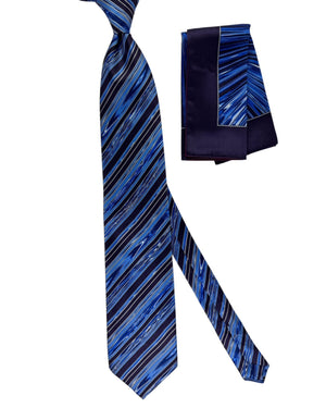 Zilli Silk Tie & Matching Pocket Square Set Midnight Blue Gray Stripes