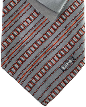Zilli Tie & Matching Pocket Square Set Silver Grey Stripe with Orange Accents