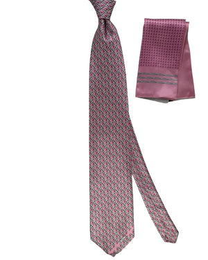 Zilli Tie & Matching Pocket Square Set Pink Gray Lattice