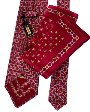 Zilli Tie & Matching Pocket Square Set Burgundy And Gold Medallion