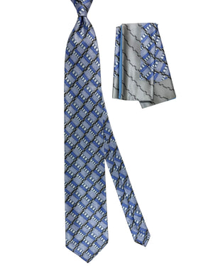 Zilli Extra Long Tie & Matching Pocket Square Set Gray Periwinkle Blue SALE