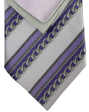 Zilli Silk Tie & Matching Pocket Square Set Lilac Purple Chain Design