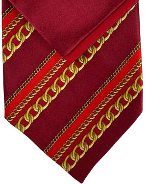 Zilli Silk Tie & Matching Pocket Square Set Bordeaux Red Gold Chain Design