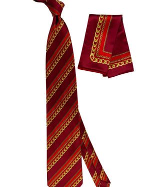 Zilli Silk Tie & Matching Pocket Square Set Bordeaux Red Gold Chain Design