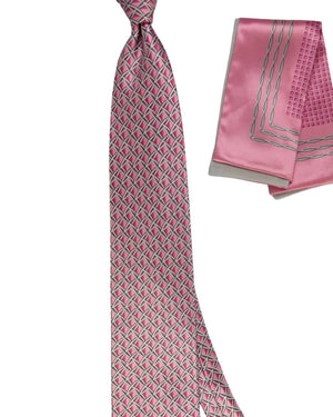 Zilli Silk Tie & Matching Pocket Square Set Pink Silver Lattice Pattern