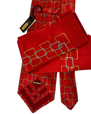 Zilli Silk Tie & Matching Pocket Square Set Red Gold Interlocking Links