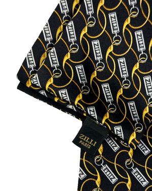 Zilli Silk Pocket Square Black Silver Gold Logo Tag