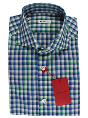 Kiton Dress Shirt White Royal Blue Green Brown Check 40 - 15 3/4 SALE