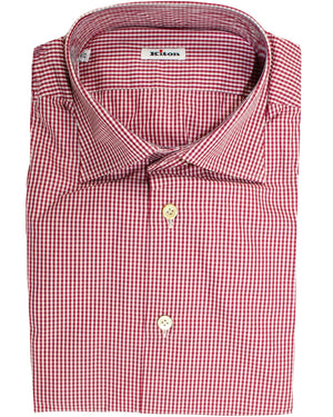 Kiton Dress Shirt White Maroon Gingham Check 43 - 17
