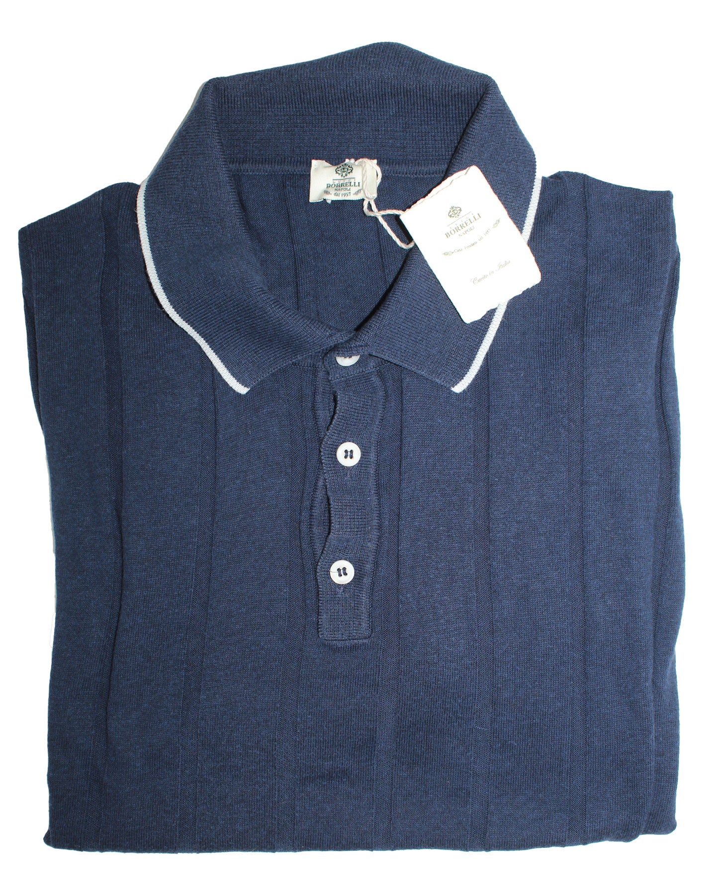 Luigi Borrelli Polo Shirt Navy Pleated Wool EU 48 / US 38