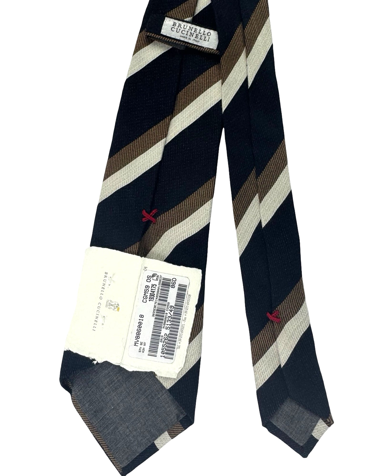 Cucinelli Tie Midnight Blue Taupe Silver Stripes 