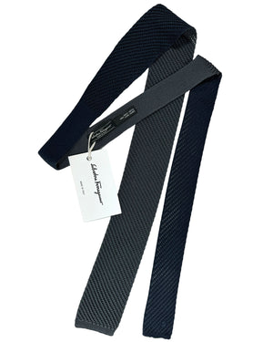 Salvatore Ferragamo Tie Navy Charcoal Gray Knitted Square End Tie - 2 Sided