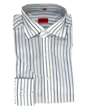 Isaia Shirt White Slate Blue Gray Stripes 