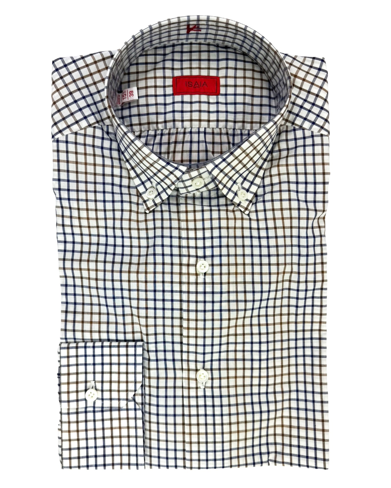 Isaia Dress Shirt White Navy Brown Check Button-Down 