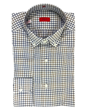 Isaia Dress Shirt White Navy Brown Check Button-Down 