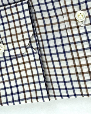Isaia Shirt White Navy Brown Check Button-Down 