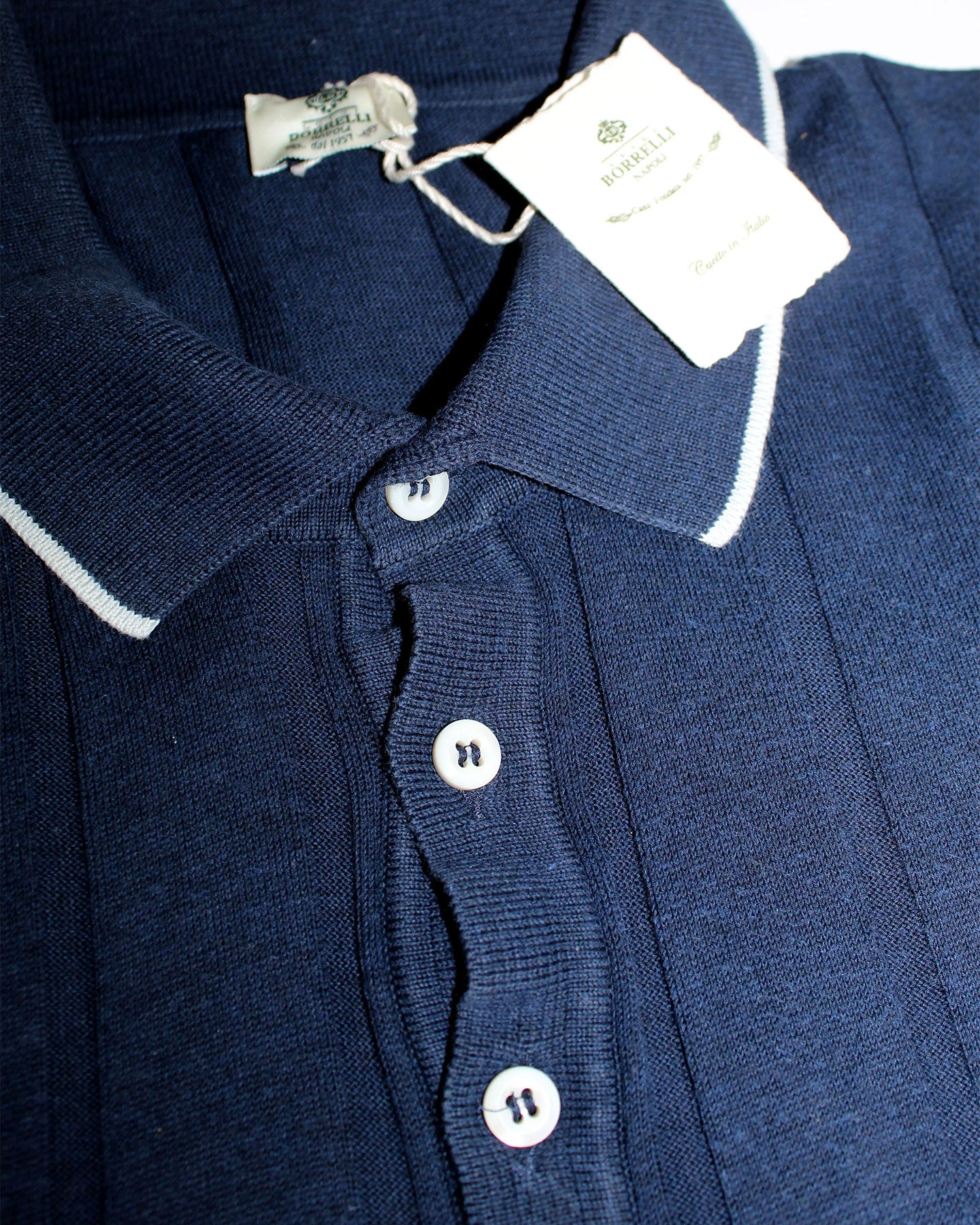 Luigi Borrelli Polo Shirt Navy Pleated Wool EU 48 / US 38